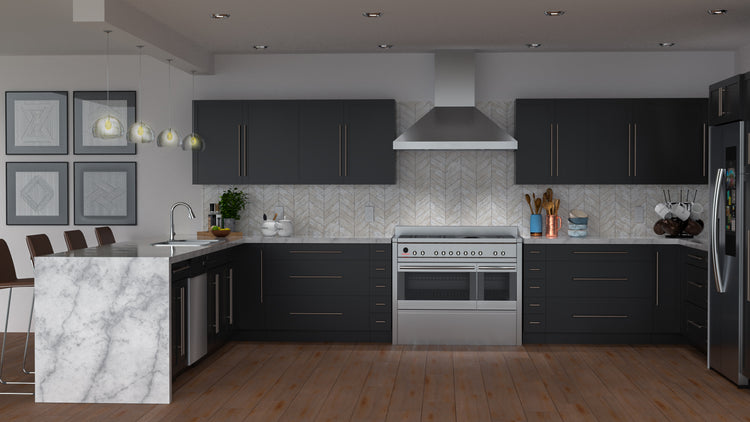 a kitchen with black cabinets and stainless steel appliances