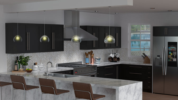 a kitchen with black cabinets and a stainless steel refrigerator