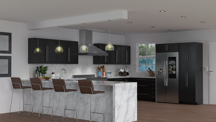 a kitchen with black cabinets and stainless steel appliances
