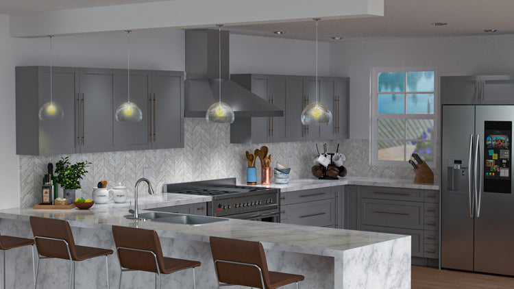 a kitchen with gray cabinets and a stainless steel refrigerator