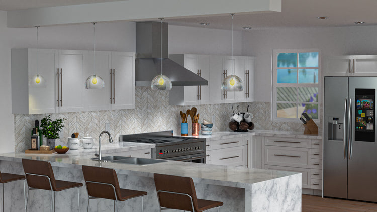 a kitchen with white cabinets and a stainless steel refrigerator