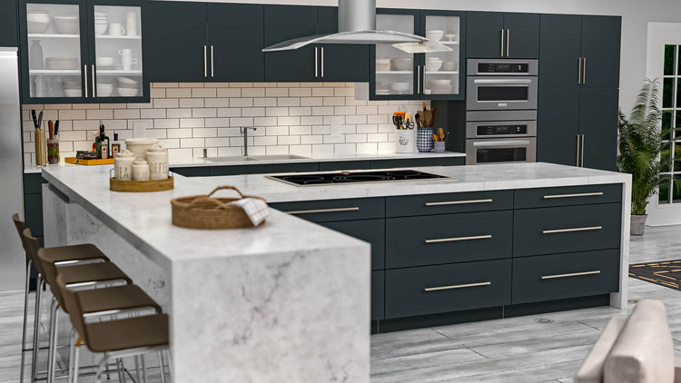 a kitchen with black cabinets and white counter tops