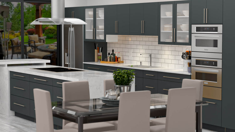 a kitchen with stainless steel appliances and gray cabinets
