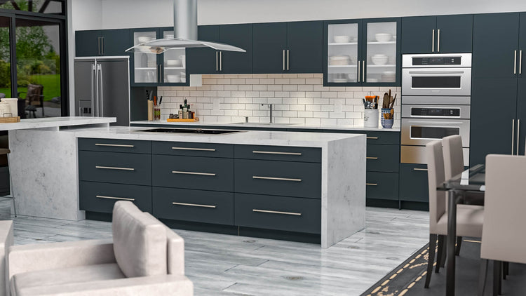 a kitchen with stainless steel appliances and dark cabinets