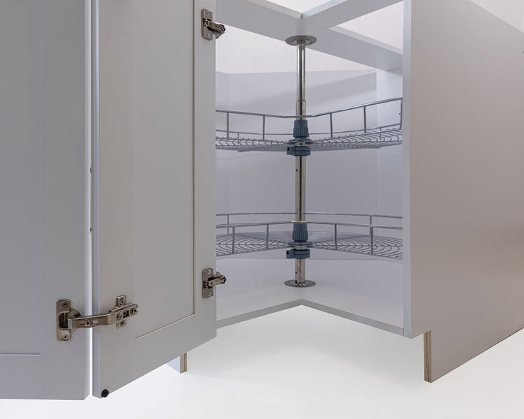 Metal Lazy Suzan insert installed in a white shaker cabinet