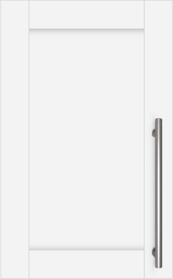 a white cabinet door with a stainless steel handle