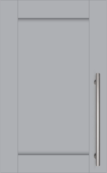 a gray cabinet door with a stainless steel handle