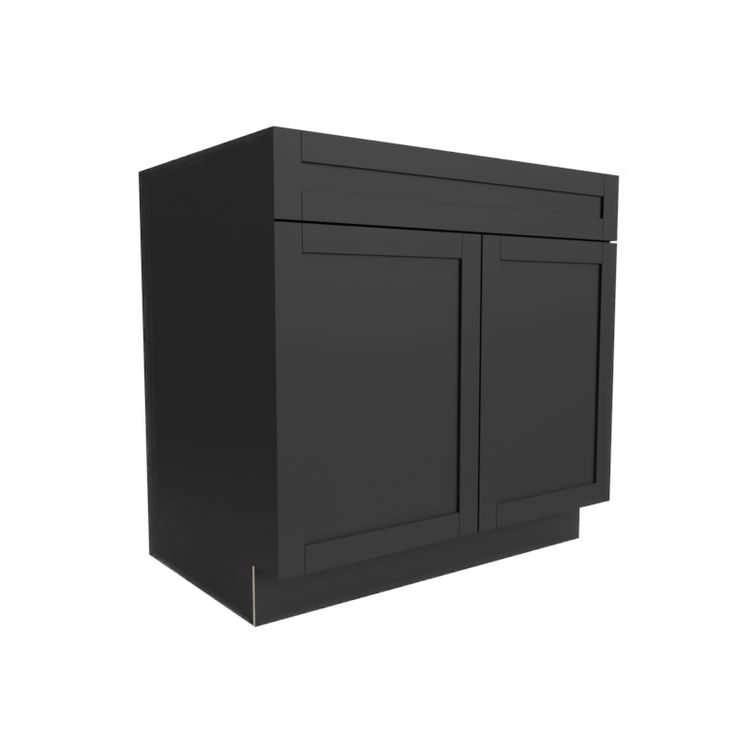 Side view of a chocolate-colored double-door RTA cabinet