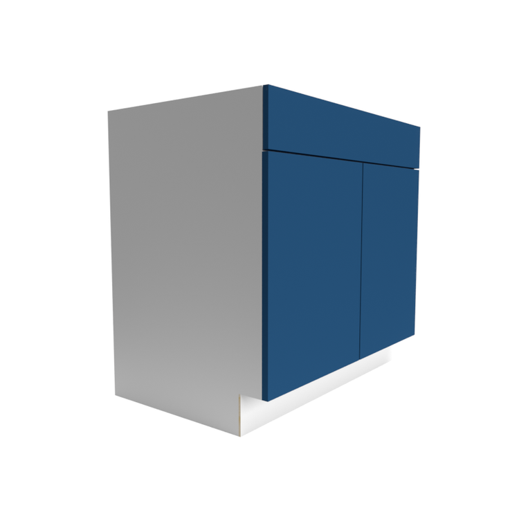 Side view of a double-door RTA cabinet with dark blue doors and white side panels