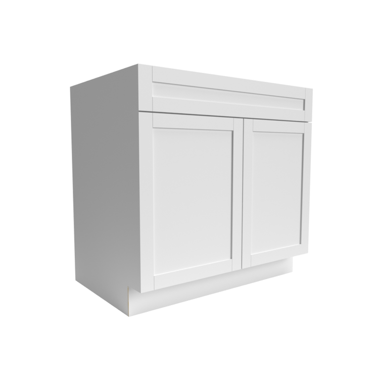 Side view of a wooden white double-doored RTA cabinet