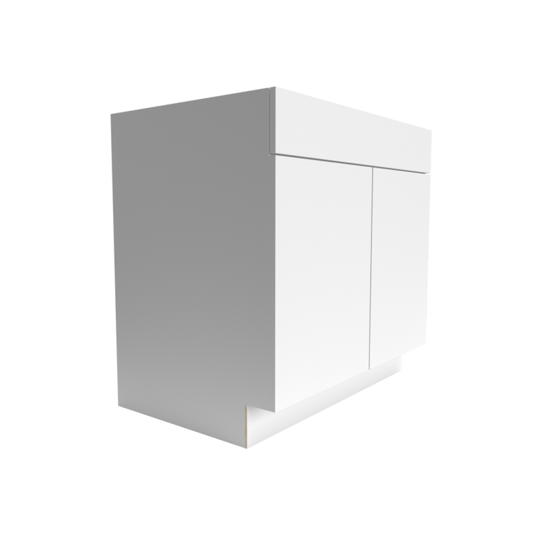 Side view of a modern white double-doored RTA cabinet