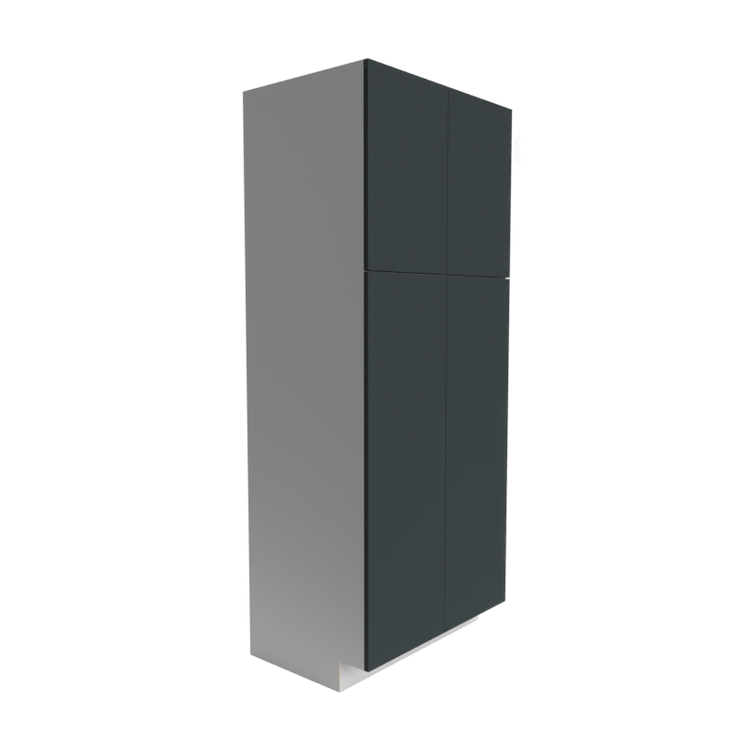 a gray cabinet with black doors on a white background