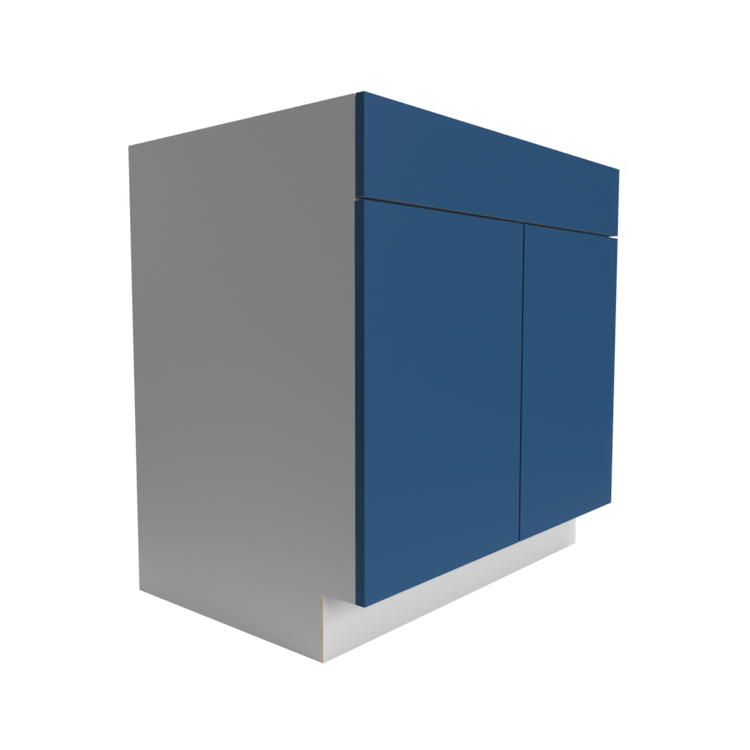 a blue cabinet with two doors and a white base