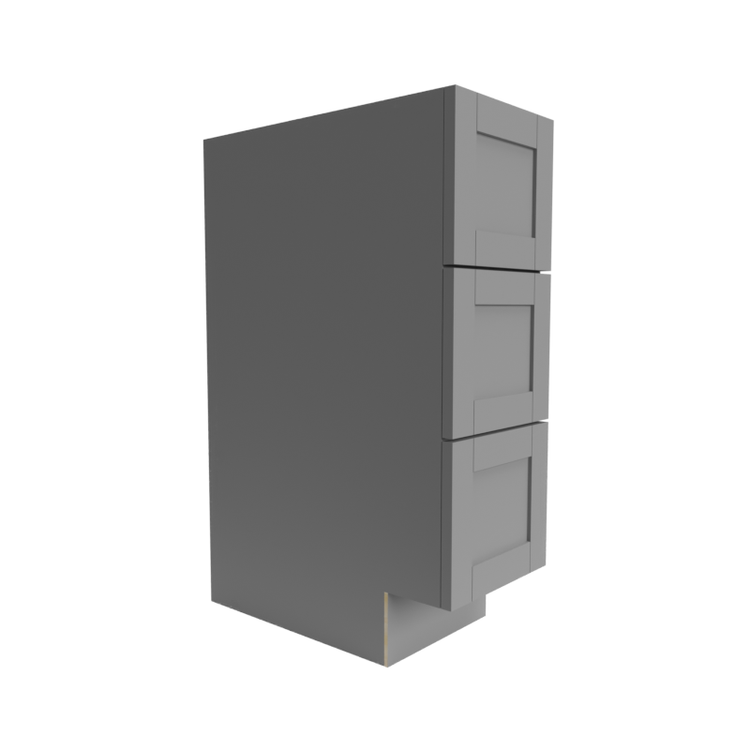 a gray cabinet with three drawers on a white background