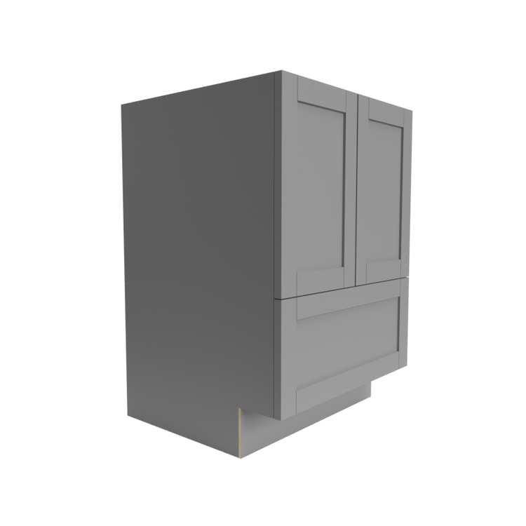 a gray cabinet with two doors and two drawers on a white background