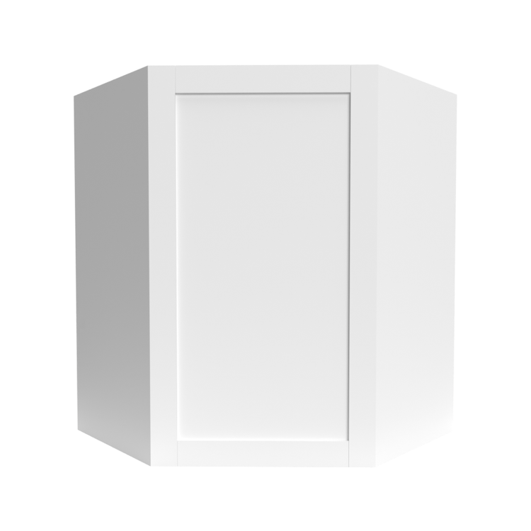 a white corner cabinet with a door on a white background