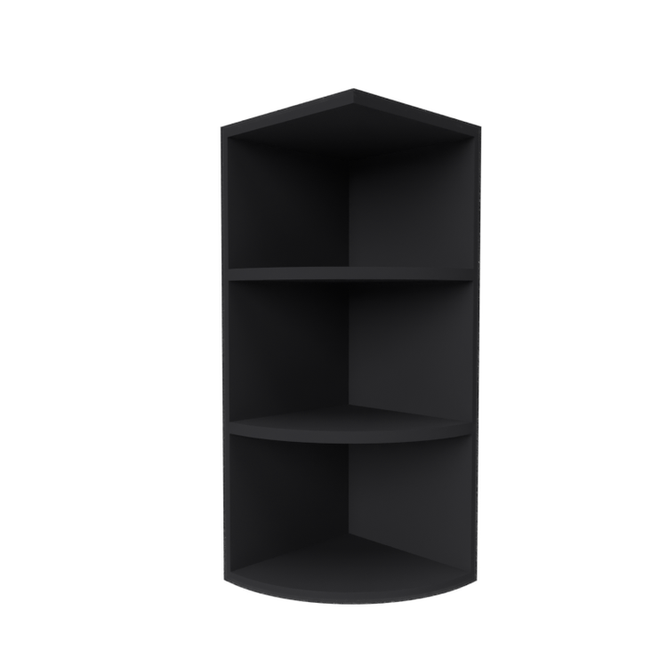 a black corner shelf with three shelves on a white background