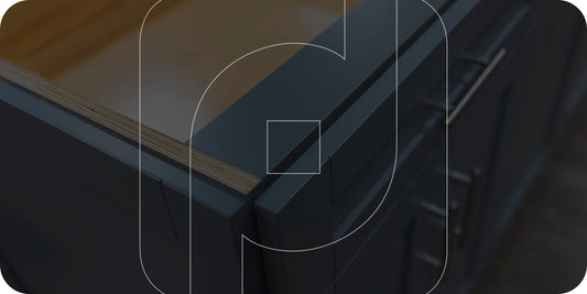 The corner of a blue RTA shaker cabinet