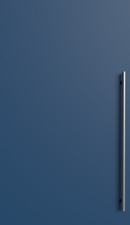 Wooden dark blue cabinet door with silver handle