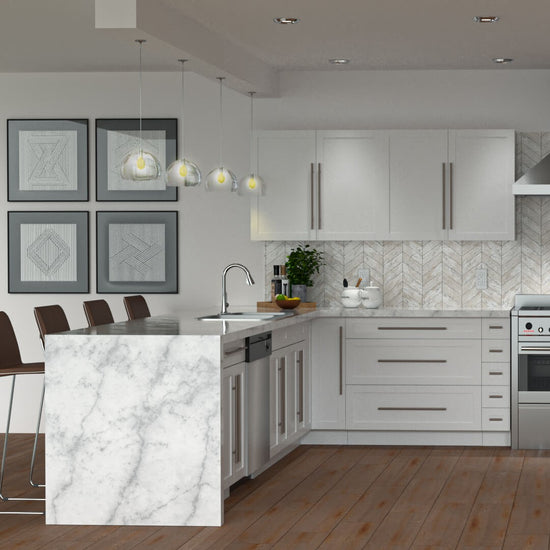 Model kitchen with white cabinets