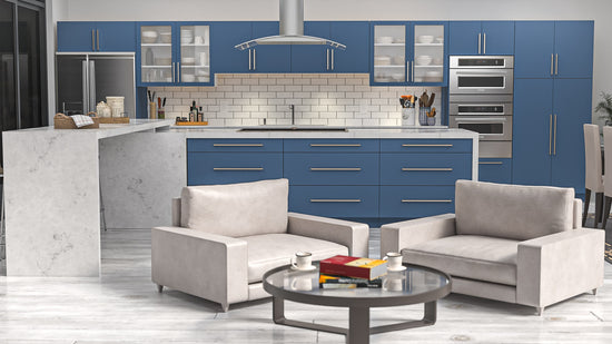 a kitchen with blue cabinets and stainless steel appliances