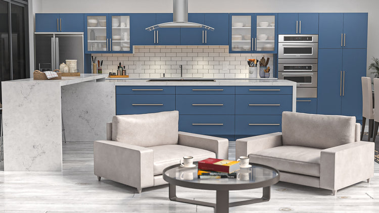 a kitchen with blue cabinets and stainless steel appliances