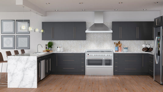 a kitchen with stainless steel appliances and gray cabinets