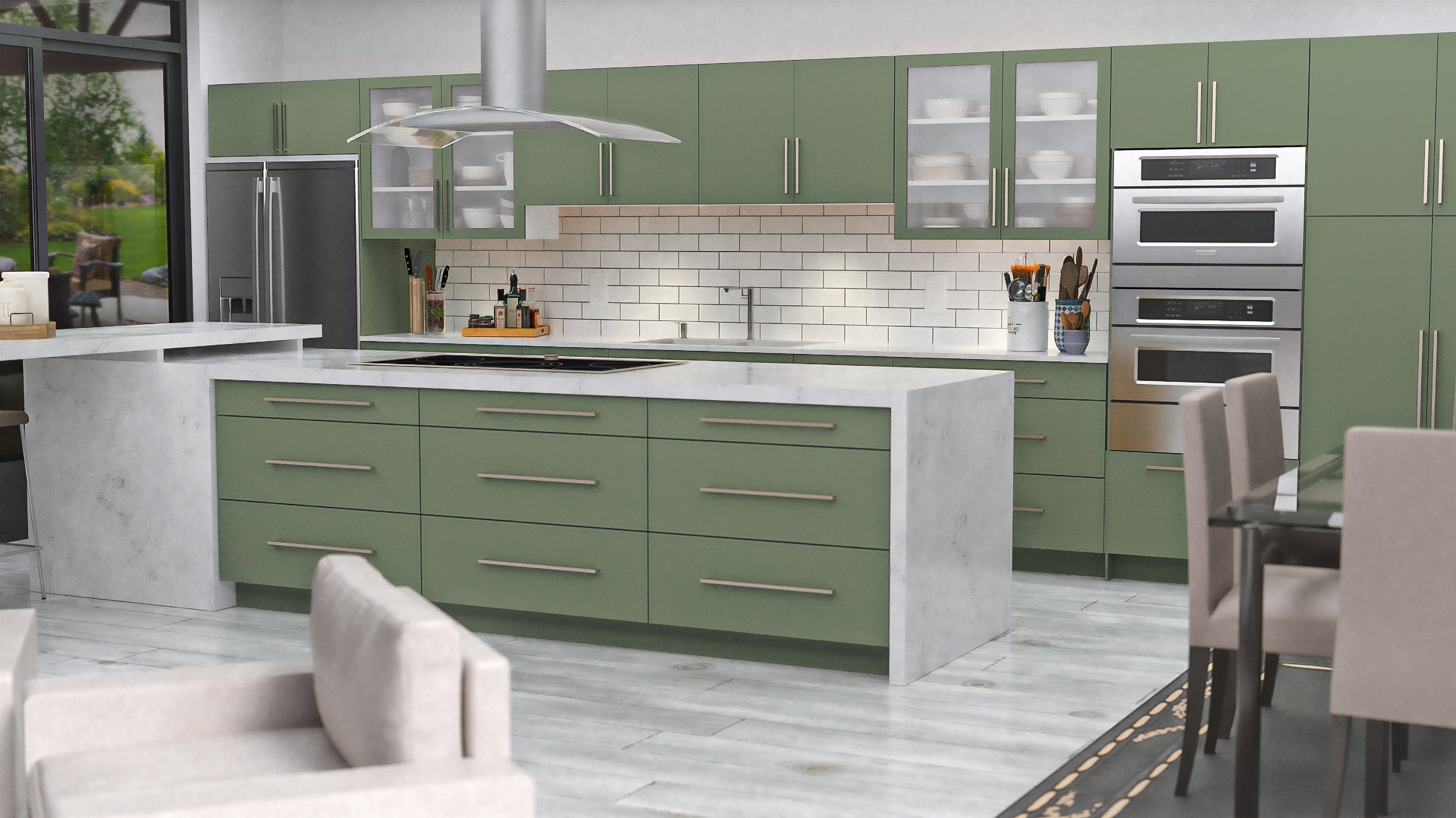 Model kitchen with green cabinets