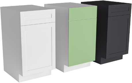 three cabinets next to each other that are white, green and black