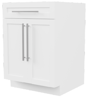 A white kitchen cabinet with two doors