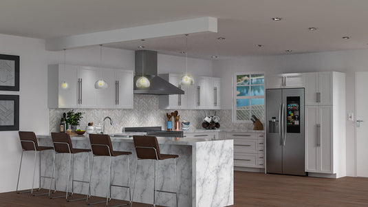 a kitchen with blue cabinets and white counter tops
