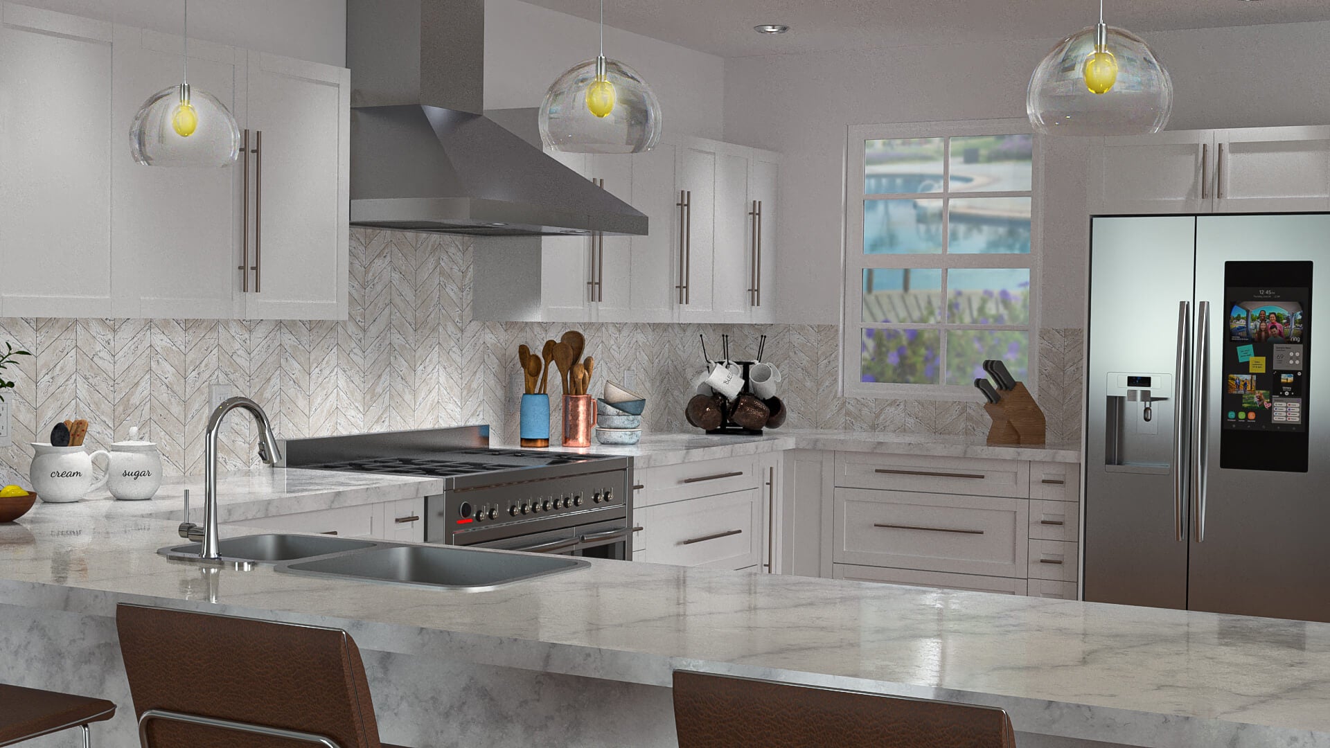 a kitchen with white cabinets and a stainless steel refrigerator
