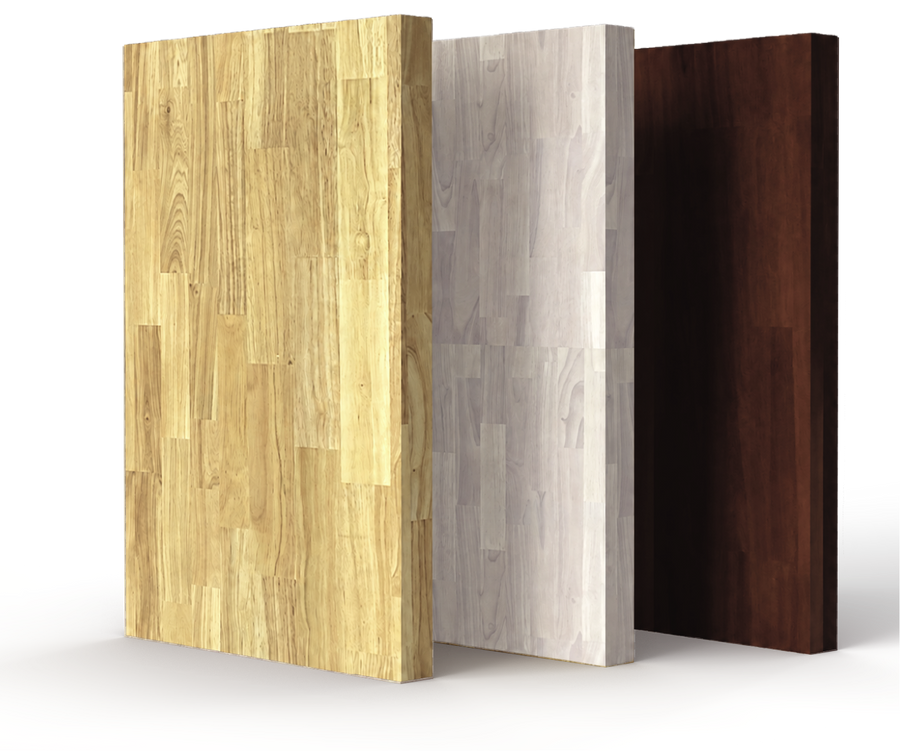 Three vertical wood-look panel samples shown side by side on a clean white background, with different finishes: light natural wood, pale gray wood, and dark brown wood.