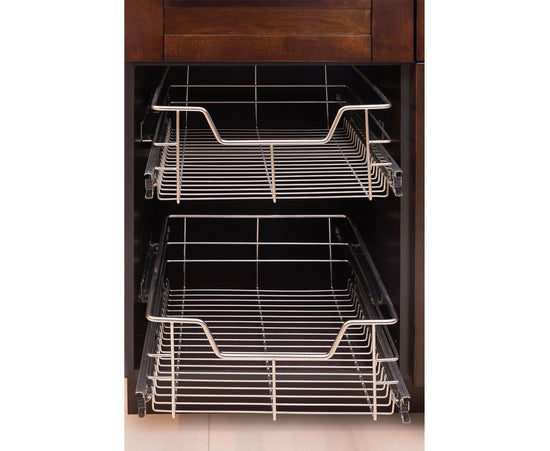White tray cabinet inserts installed on a brown shaker cabinet