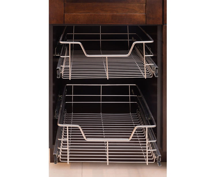 White tray cabinet inserts installed on a brown shaker cabinet