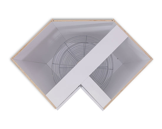 Ariel view of a lazy suzan metal insert installed in a white shaker cabinet