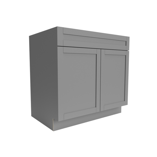 Side view of a wooden grey double-doored RTA cabinet