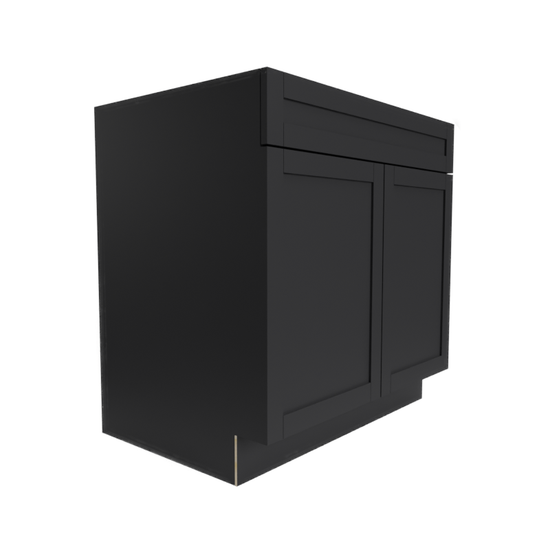 a black cabinet with two doors and a drawer on a white background