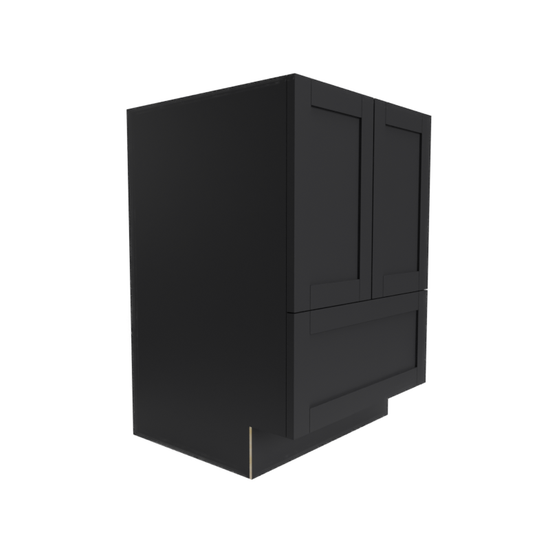 a black cabinet with two doors and two drawers on a white background