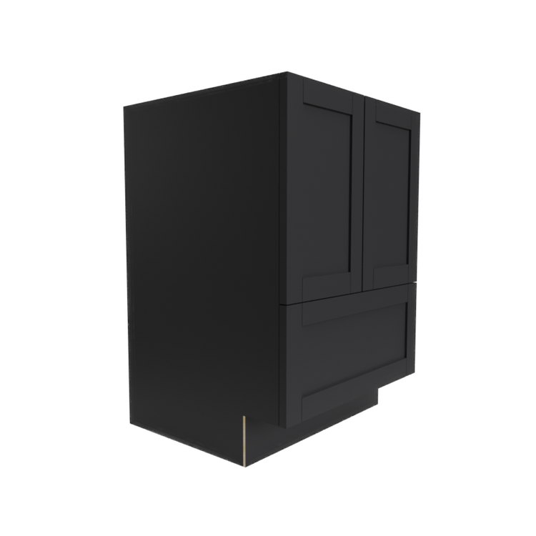 a black cabinet with two doors and two drawers on a white background