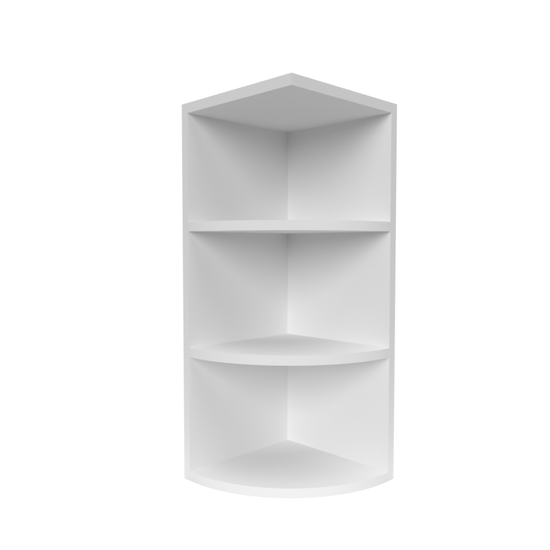 a white corner shelf with three shelves on a white background